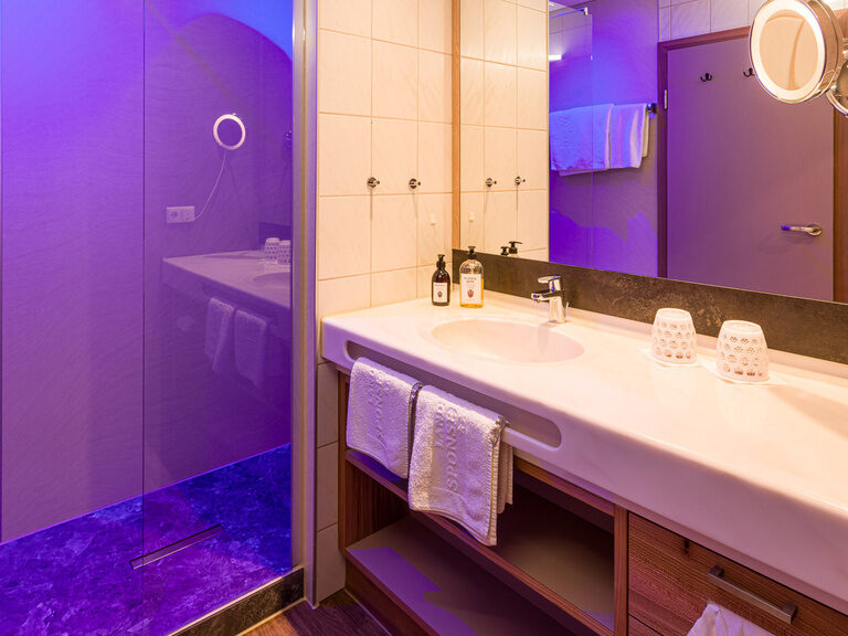 Das geräumige Badezimmer der Suite Sonneck verfügt über eine gläserne Tür und eine hochwertige Duscheinrichtung.