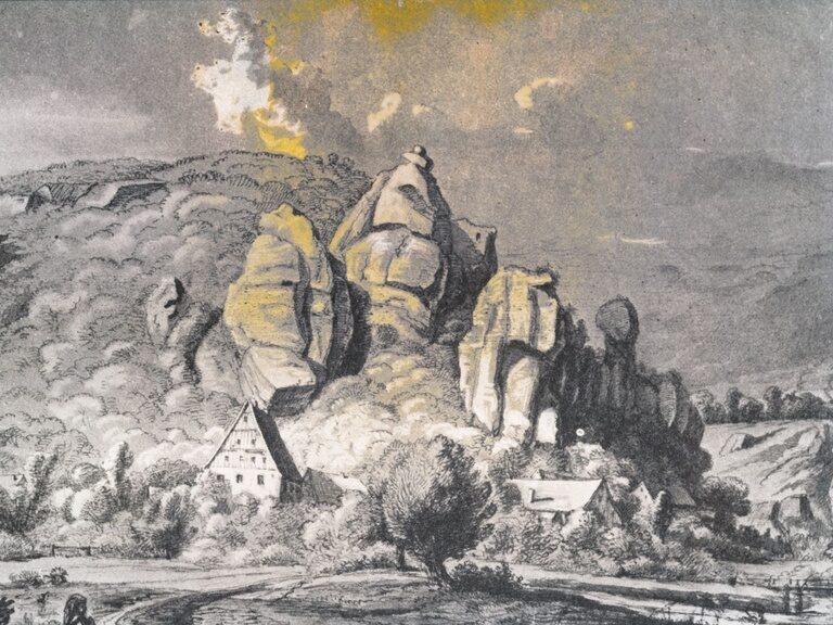 Eine altertümliche Zeichnung von Veilbronn zeigt das Dorf vor langer Zeit