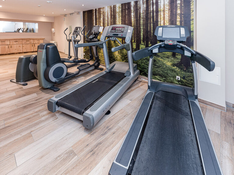 Ein gut ausgestattetes Fitnesscenter im Hotel in Franken mit Laufbändern, Trainingsgeräten und hochwertigem Holzfußboden.