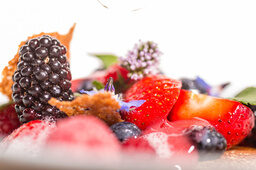Ein weißer Teller ist mit Früchten und Beeren belegt.