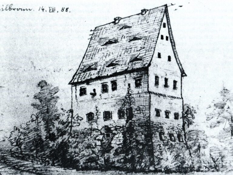 Detaillierte Schwarz-Weiß-Illustration zeigt das historische Landhaus Sponsel-Regus