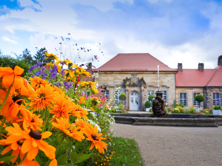 Orangefarbene Blumen blühen vor einem steinernen Gebäude.