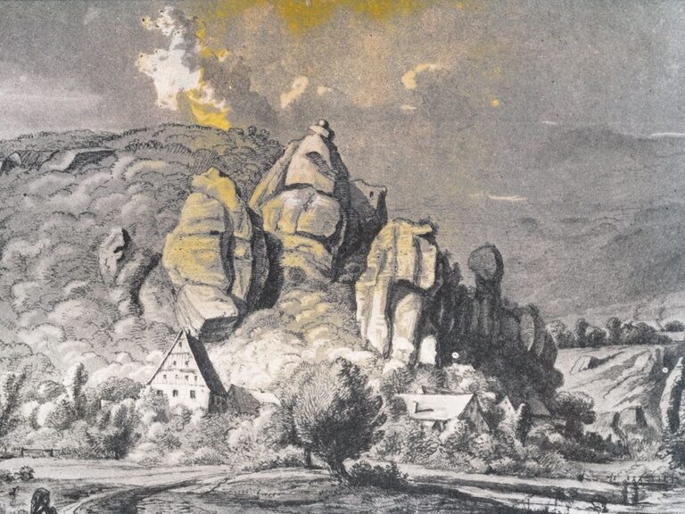 Eine altertümliche Zeichnung von Veilbronn zeigt das Dorf vor langer Zeit